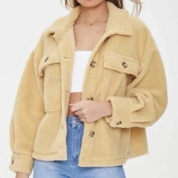 Forever 21 Women's Faux Shearling Cropped Bomber Jacket Shacket Medium Yellow - Picture 1 of 8